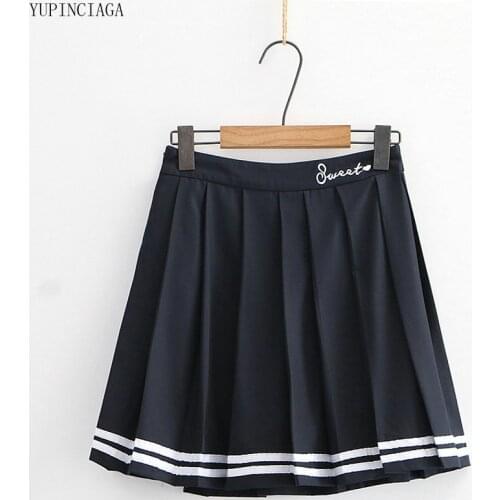 Japanese Mori Girl Student Striped Pleated Skirt Letter Embroidered Summer Women Sweet High Waist Skirt Kawaii Female Skirts