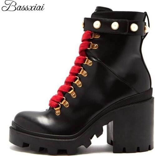 Genuine Leather Martin Boots Women Cross-Tied Pearl Decor Buckle Belt Thick Heel Autumn Winter Runway Botas Mujer