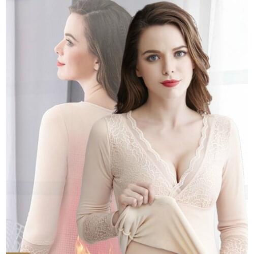 Women New 2021 Autumn Winter Warm Tops Female Plus Velvet Pullovers Blouse Sexy Lace V-Neck Long Sleeve Slim Body Clothing A386