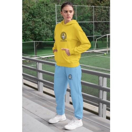 Angemiel Wear Olympia Lightning Scorer Zeus Women Tracksuit Set Yellow Hooded Sweatshirt Blue Sweatpants