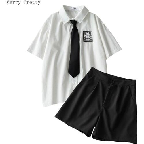 Womens Two Piece Top And Pants Cartoon Cat Embrodery Short Sleeve Tie Blouse Cotton Shirt Elasticity Waist Solid Shorts Pants