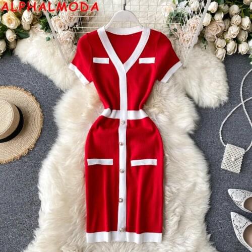 ALPHALMODA Short-sleeved V-neck Women Stretchy Knit Dress White Striped Pullovers Ladies Sexy Mini Step Dress