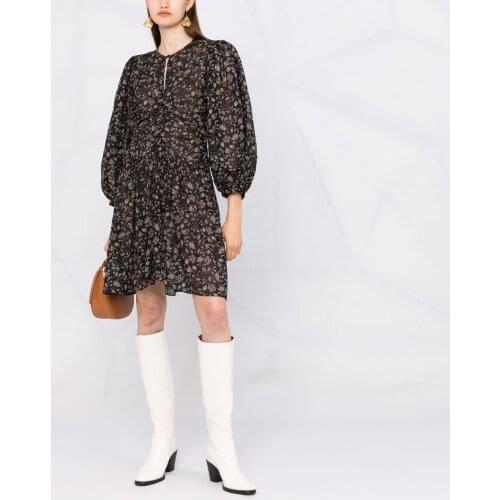 Women V-Neck Cashew Print Pleated Mini Dress 2021 Early Autumn Long Lantern Sleeve Slim Waist Vintage Short Robes