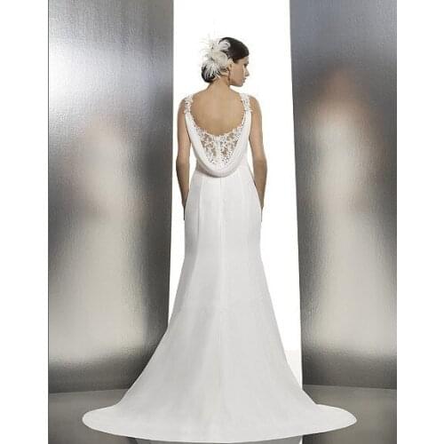 2016 formal dress Soft chiffon trumpet V-neck and cowl back lace illusion back beaded applique strap wedding gown bridal dresses