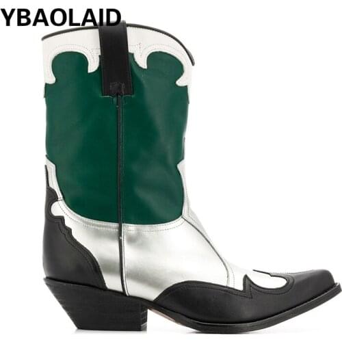 Autumn and Winter New Style Cowhide Pointed Toe Color Matching Round Thick Heel Ankle Boots Fashion Retro Sleeve Martin Boots