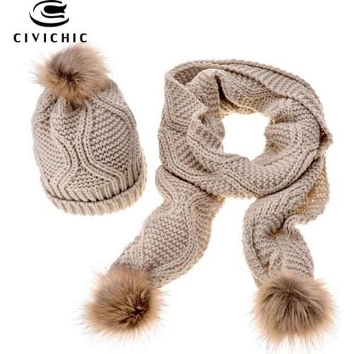 CIVICHIC Hot Top Quality Winter Warm Knit Scarf Hat 2 Piece Set Women Thicken Headwear Faux Fur Cap Pompon Beanies Shawl SH135