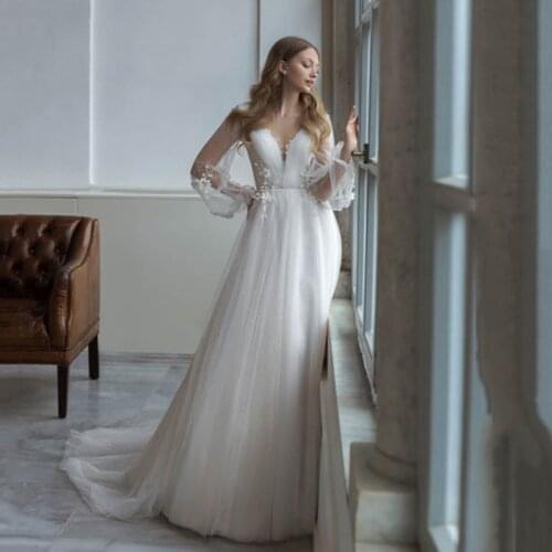 Eightale Bohemian Wedding Dress O-Neck Appliques Lace Long Sleeves A-Line Tulle Wedding Gown Bridal Dress vestido de noiva 2020