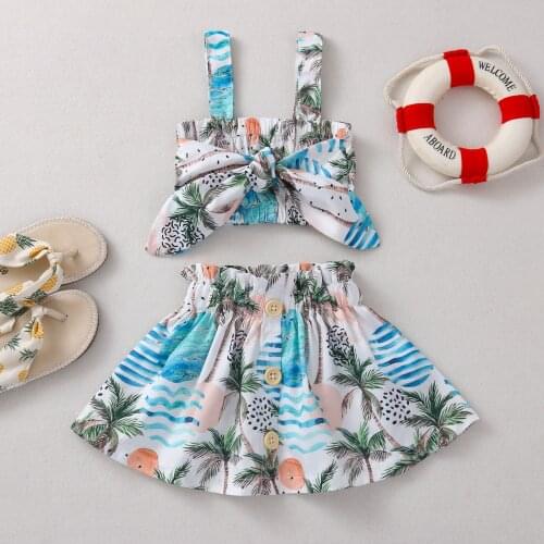 FOCUSNORM 0-4Y Lovely Girl’s Summer Clothes Set Fresh Plant Printing Bowknot Suspender Tops and Button A-line Skirts