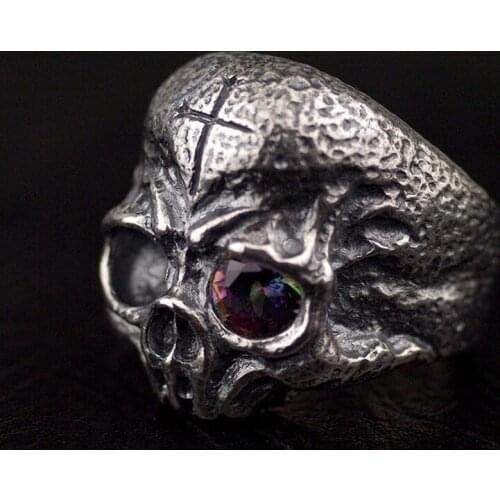 925 silver ring for man cross seal colored diamond one-eyed skull Thai silver man rings adjustable size