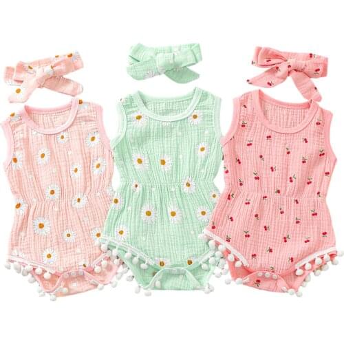 Baby Girls Two-piece Clothes Set, Printed Pattern Sleeveless Round Collar Romper and Headdress, Pink/ Green