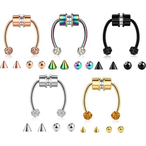 Magnetic Nose Rings Horseshoe Hoop Stainless Steel Fake Septum Ring for Women Men Multicolor Non Piercing On Nose Faux Ring 16G