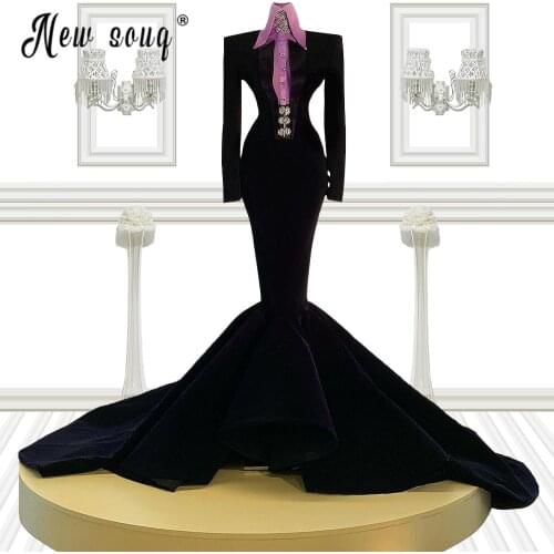 Moroccan High Neck Long Sleeve Mermaid Evening Dresses 2021 Soft Velvet Prom Gown Crystals Muslim Long Women Party Gowns