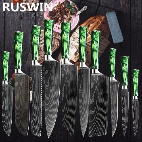 Kitchen knives Set stainless steel knife set resin handle Laser Damascus veins Chef Santoku Cleaver Slicing 1-10 Pcs Knives Set