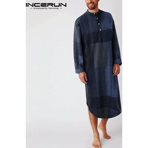 INCERUN Fashion Plaid Sleep Robes Mens Long Sleeve O Neck Nightwear Loose Cotton Pockets Nightgown Cozy Buttons Sleepwear S-5XL