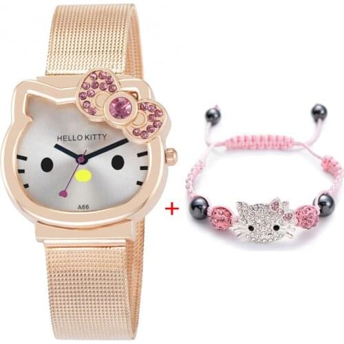 Kitty cat childrens watch children inlaid zircon bracelet student kids cartoon watch box bracelet set