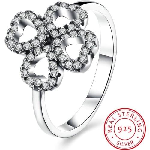 UFOORO 925 Sterling Silver Heart-Shaped Petals Four-leaf Clover Flower Ring For Woman Engagement fine Jewelry Wedding gift