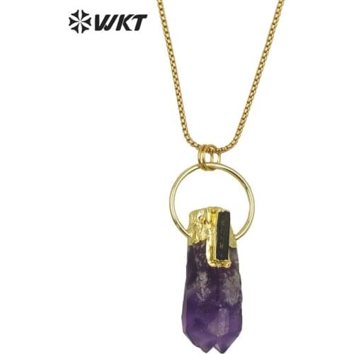 WT-N1266 Gorgeous new big Amethysts point energy stone necklace lady Lucky stone necklace with gold plated in 18 inch long
