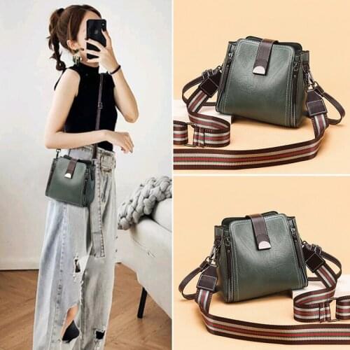 Womens Messenger Bag PU Leather Leisure Travel Bag Wide Shoulder Strap Fashion Simple Retro Western-Style Shoulder Bag