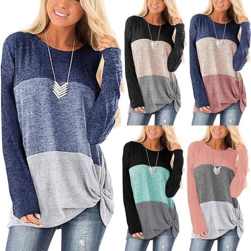 Womens 2021 Spring Autumn T-shirt Casual Round Neck Long-Sleeved Pullover Female Loose Color Matching Twisted Top