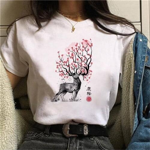 Women Graphic tees tops Cartoon Sika deer head print tshirt Streetwear tshirt white Tops casual short Camisetas Mujer_T-Shirt