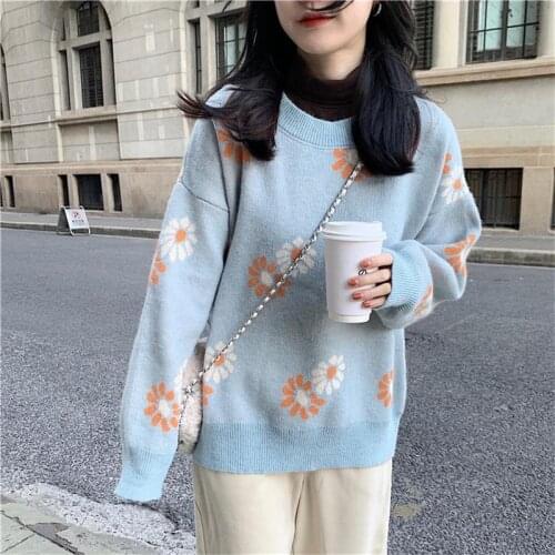 Womens Sweaters Japanese Kawaii Ulzzang Casual Loose Lazy Flower Sweater Female Korean Harajuku Cute Clothing For Women
