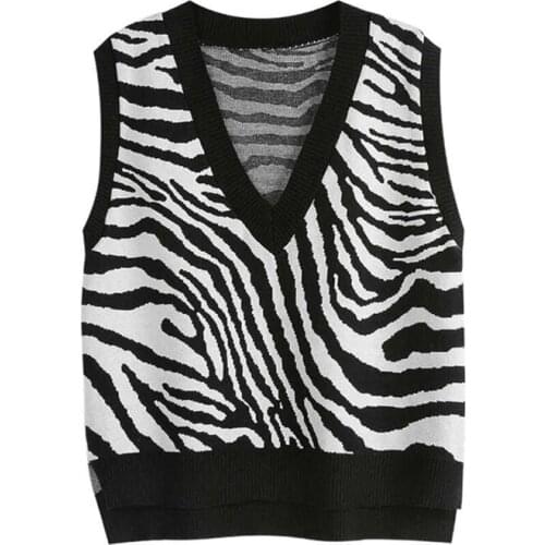 2021 New Spring Fall Zebra Striped V Neck Sleeveless Short Sweater Vests Women Korean Fashion Knitted Pullovers Casual Jumper