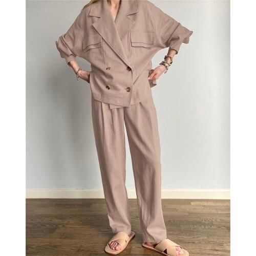 Chic Cotton Linen Two Piece Set Women Tracksuit Spring Summer Clothes Long Sleeve Oversize Blazer Pants Suit Office Lady Outfits