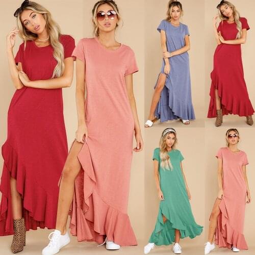 Dress Women Ruffles Side Split Loose Waist Long Dress Summer Casual Fashion O Neck Short Sleeve Vestidos Mujer 2021