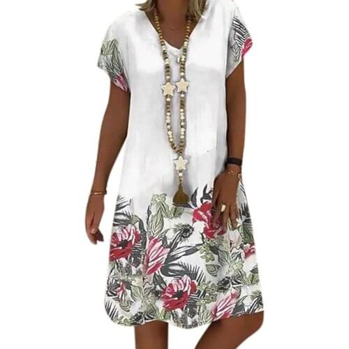 Beach Dress Women Vintage Summer Short Sleeve V Neck Floral Print Loose Knee-length Casual dresses woman summer 2021 White xxxxl