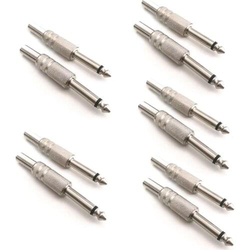 10Pcs/Bag 1/4" Mono Jack Silver Metal 6.35mm Male Monaural Cable Connectors Plugs