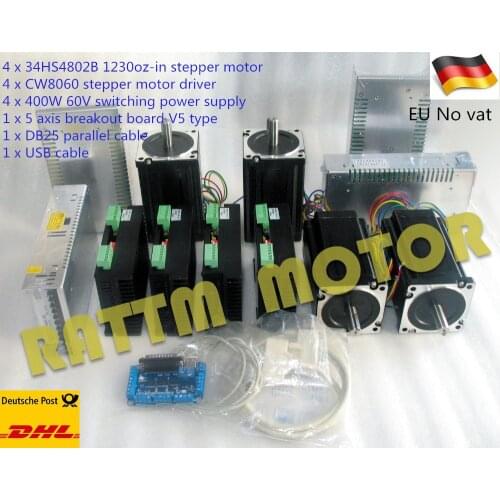 4Axis Nema34 Stepper Motor (Dual shaft) 1230oz-in/5.0A /116mm & Driver 6A/80V 256 Microstep & Power supply