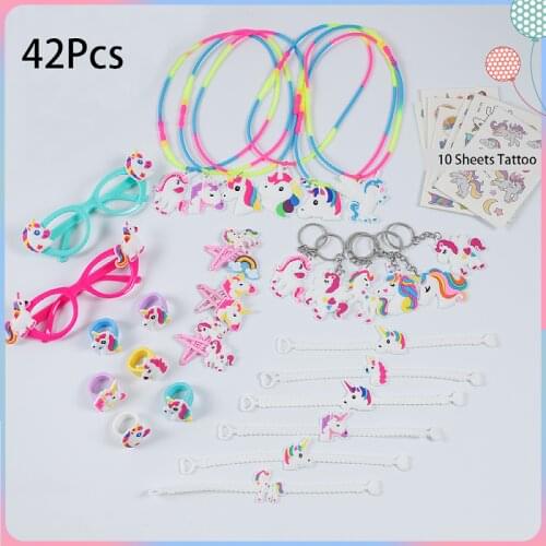 42Pcs Cute Unicorn Party Supplies Pinata Kids Birthday Party Favors Unicorn Necklace Bracelet Hairpin Keychain Baby Shower Gifts