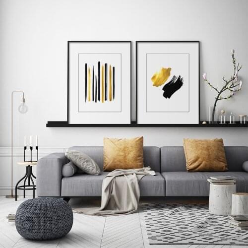 Abstract Black Gold Brush Line Minimalist Canvas Painting Wall Art Poster Print Pictures Living Room Home Interior Decoration