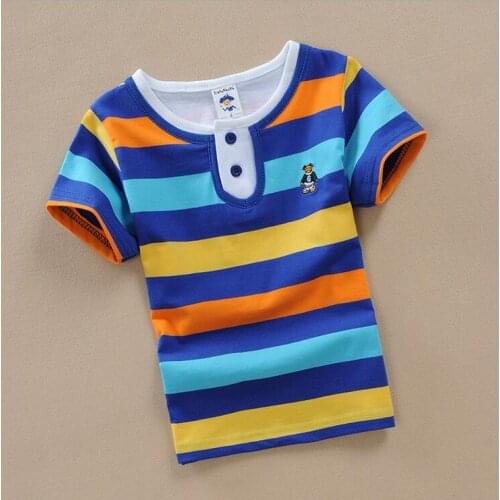 Colored striped baby boy O-neck buttons t-shirt children cotton fabrics patchwork raibow colors tops clothes