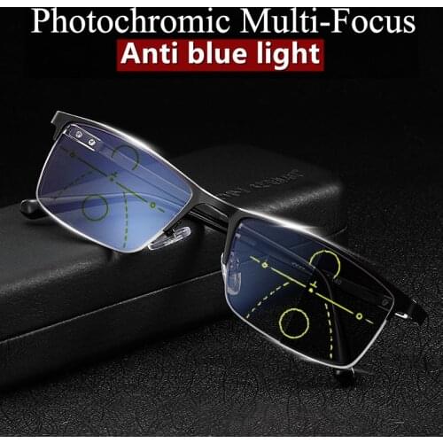 Business Photochromic Multi-Focus Reading Glasses Men Anti-Blue light Progressive Half-Frame Presbyopic Glasses 1.0-34.0