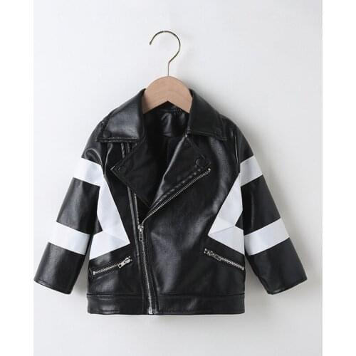 Kids Boys PU Leather Jackets Coats Black White Stitching Fashion Motorcycle Outwear Jackets 2021 New Korean Style Winter Clothes
