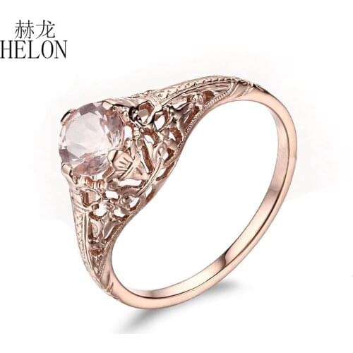 HELON Real 10K Rose Gold Flawless Round 5.5mm Genuine Morganite Women Vintage Fine Jewelry Engagement Wedding Gemtones Ring Gift
