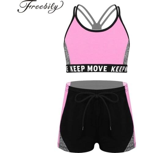Kids Girls Ballet Stage Dancewear Sets Outfits U Neck Cross Straps Open Back Tank Tops Sport Yoga Running Gym Workout Shorts Set
