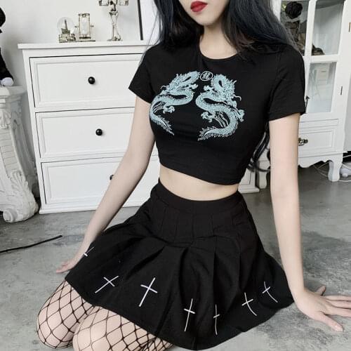 Y2k Goth Crop Top Harajuku Sexy Black T-shirt female Streetwear Dragon Print Bodycon Tops Casual Summer Shirt Woman T-shirts New
