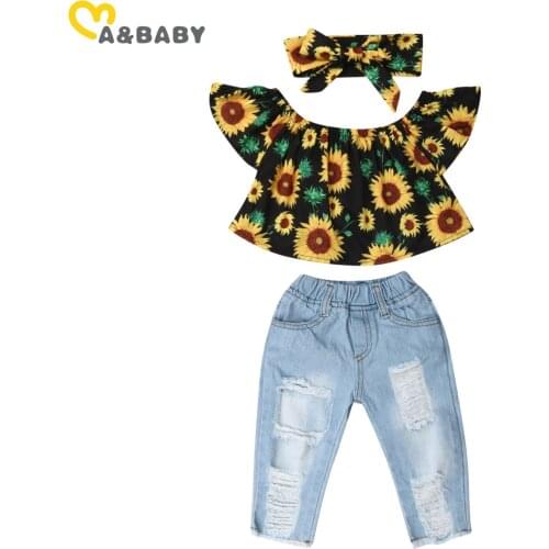 Ma&Baby 6M-4Y Summer Children Girls Clothes Set Sunflower Ruffles T shirt Jeans Denim Pants Outfits Fashion Costumes