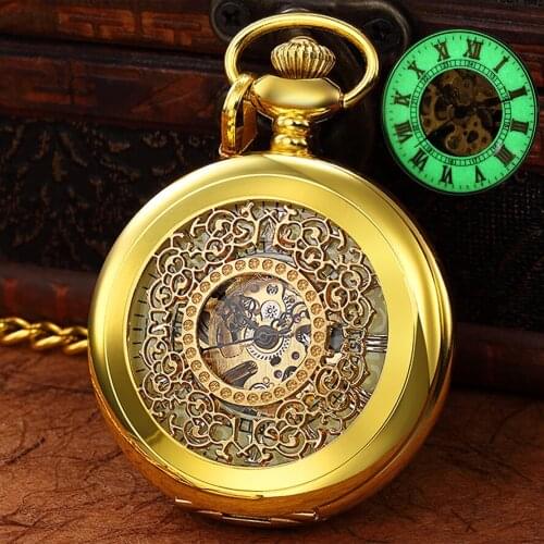 Antique Gold Mechanical Pocket Watch Luminous Hanging Clip for Men Women Steampunk Skeleton Fob Chain Pendant montre de poche