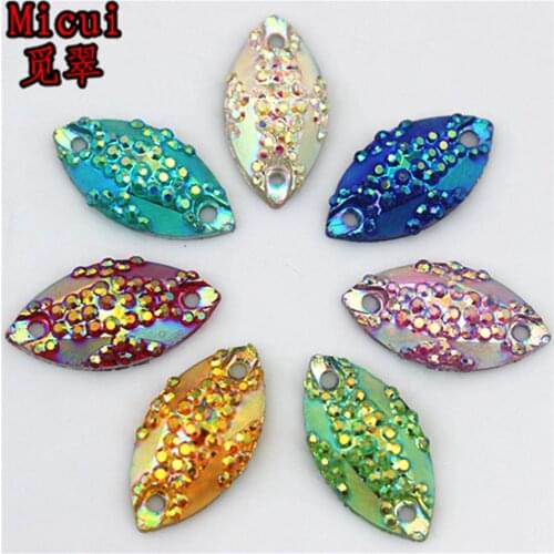 Micui 100pcs 9*17mm AB Color Horse Eye Shape Resin Rhinestones Crystal Flatback Stones Sewing 2 Holes For Dress Garment MC243