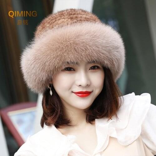 Fashion Female Winter Hats Mink Real Fur Hat Warm Women Knit Caps Genuine Leather Mink Hats With Fox Fur Hat Vertical Woven Top
