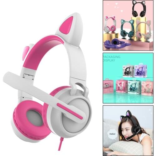 Ear Cute Girl Headset Cat Wire Headset With Microphone Cute Glowing Gamer Pink Noise Reduction