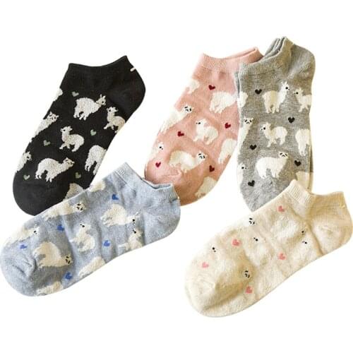 5 Pairs Women Cute Socks Trendy Alpaca Jacquard Design Casual Lady Socks Anti-friction Girl Ankle Cotton Sock Meias Sox Hosiery
