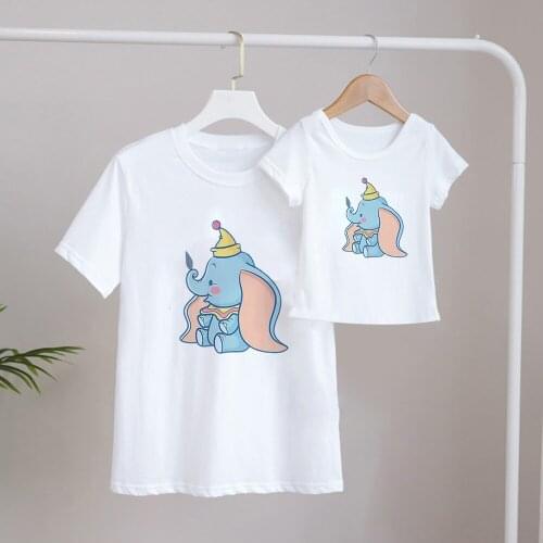 New Fashion Family Matching T Shirt Mama Daughter Daddy Son Family Matching Look Clothes Dumbo Flying Elephant Printed Cartoon T