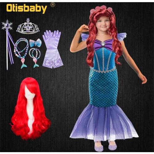 New Birthday Girls Ariel Dress Halloween Little Mermaid Cosplay Costume Holiday Party Fancy Necklace Ariel Red Wig for Children