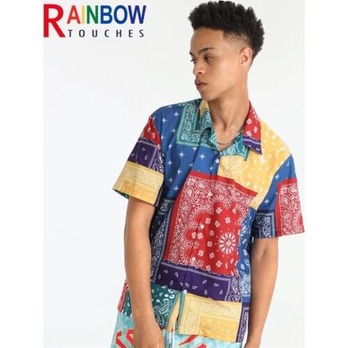 Rainbow Touches Short Sleeve All Over Print Bandana Beach Shirt Hip Hop High Street Tidal Current Loose Tops Color Matching