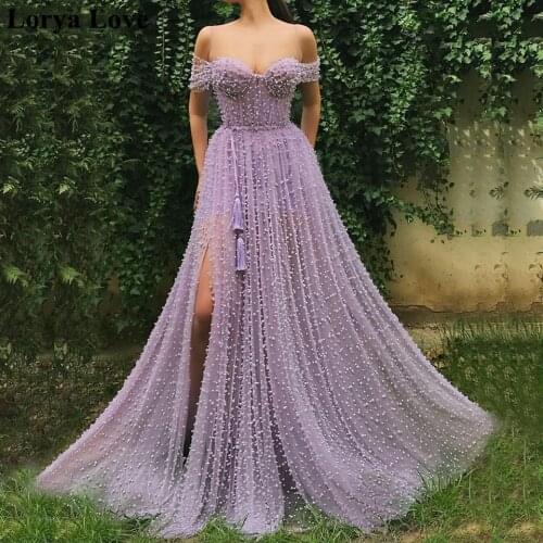 Luxury Evening Dresses 2020 Women Formal Party Purple Robe De Soiree Beading Off Shoulder Tulle Vestidos Long Prom Maxi Dress