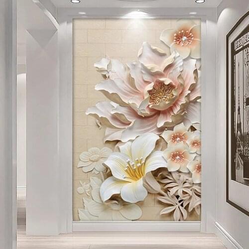 Custom Size Self Adhesive Wallpaper Modern 3D Stereo Relief Flower Living Room Entrance Aisle Backdrop Home Decoration Murals